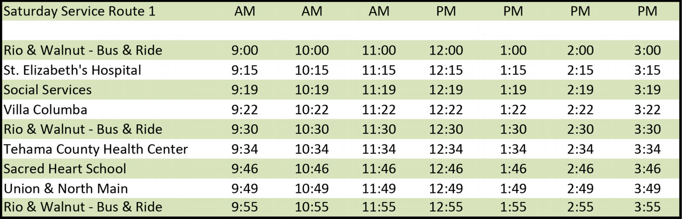 Saturday Route 1 - Schedule