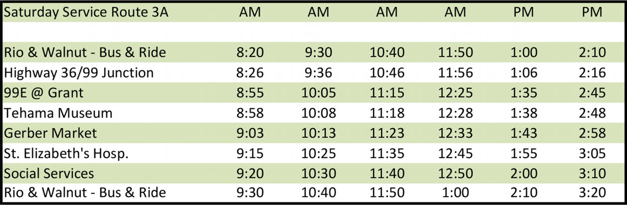 Saturday Route 3A - Schedule